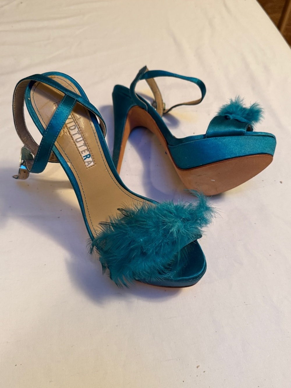 David Tutera Teal Satin Feather Platform Heels